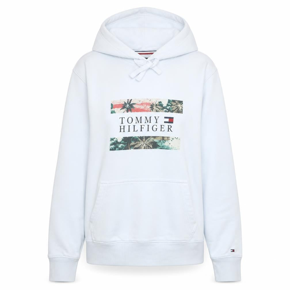 Front view of Tommy Hilfiger women’s white pullover hoodie small organic cotton