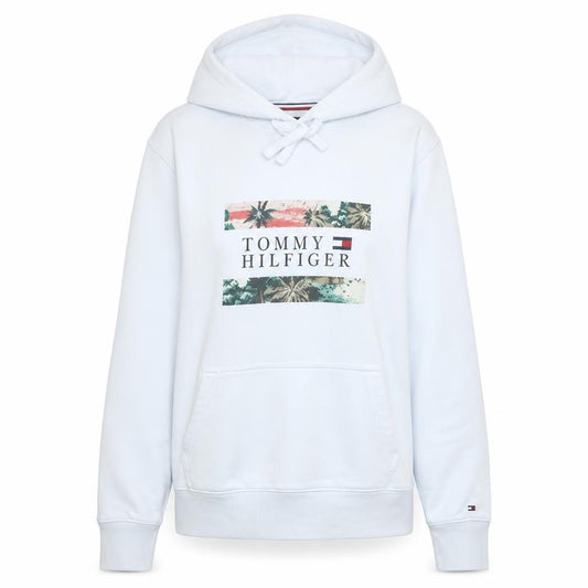 Front view of Tommy Hilfiger women’s white pullover hoodie small organic cotton
