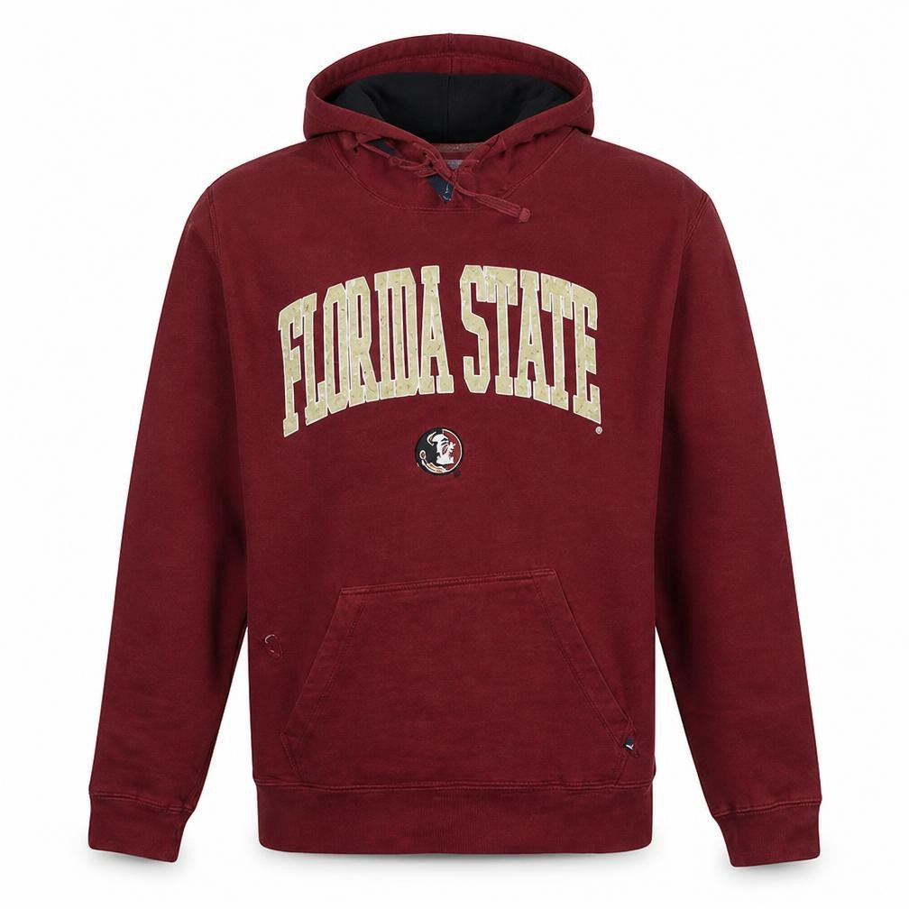 Front view of J America men’s red florida state pullover hoodie l graphic embroidered