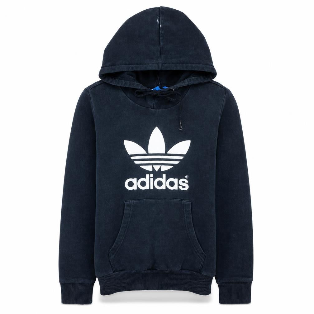Front view of Adidas women’s black hoodie, size UK 10, pullover hooded sweatshirt