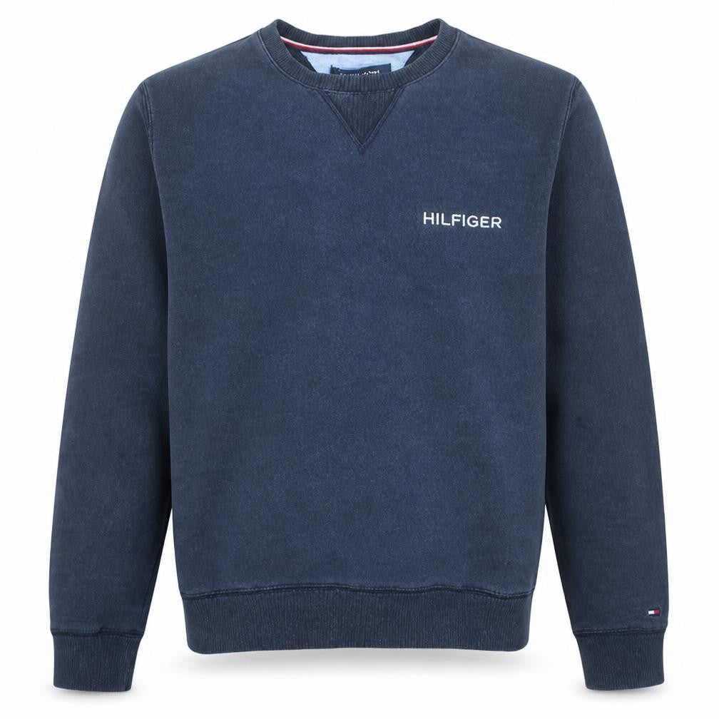 Front view of Tommy Hilfiger men’s blue crew neck pullover sweatshirt s