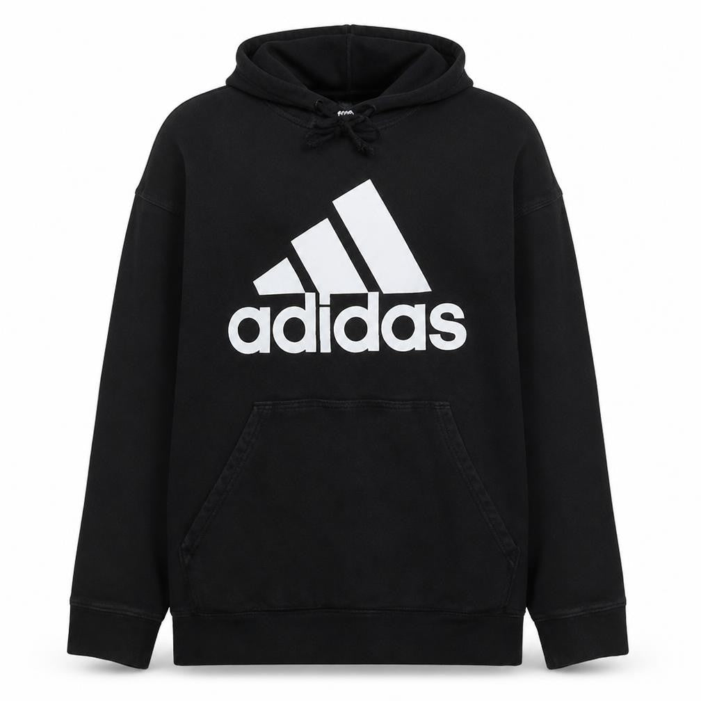 Front view of Adidas Men's Black XL Pullover Hoodie with Logo and Pockets