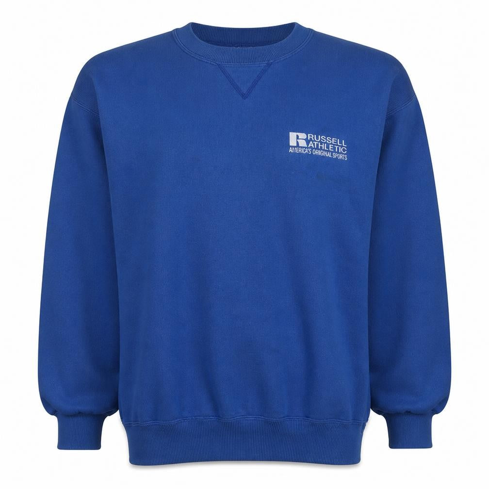 Front view of Russell Athletic Men's Blue Pullover Sweatshirt L Crew Neck Fleece Vintage