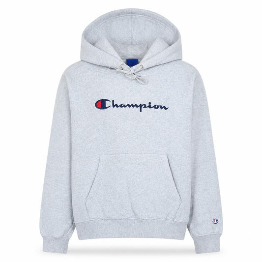 Front view of Champion Women’s Grey Pullover Hoodie Medium Cotton Blend Logo