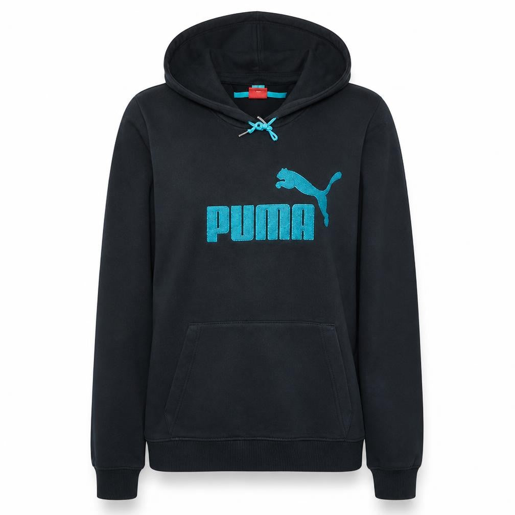 Front view of Puma women’s black pullover hoodie m cotton blend logo hooded sweatshirt
