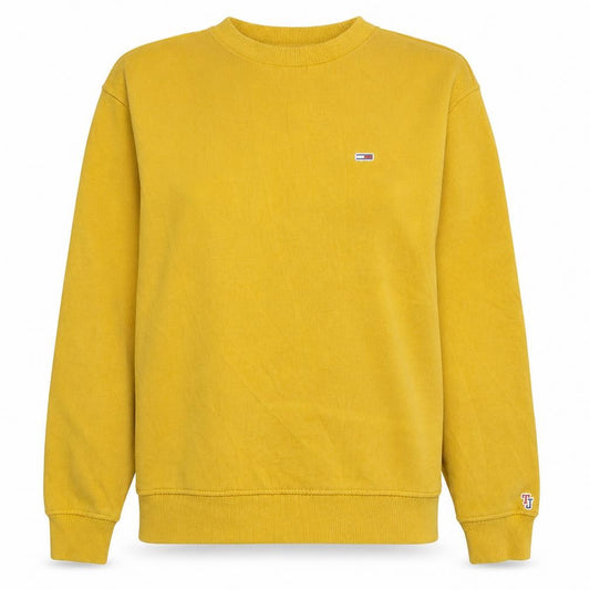 Front view of Tommy Jeans women’s yellow crew neck pullover sweatshirt, size S