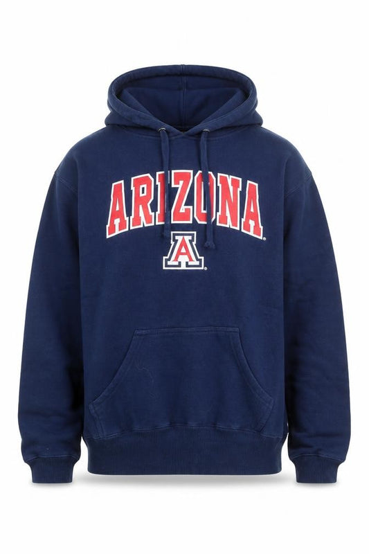 Front view of Top Of The World Men's Blue Pullover Hoodie, size S, Arizona Logo