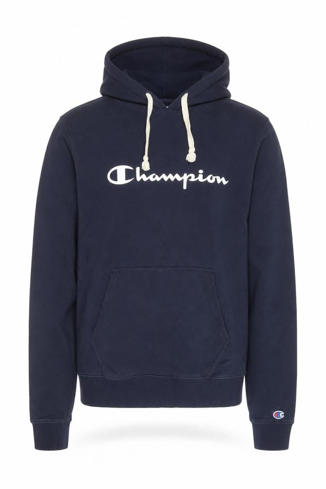 Front view of Champion Men's Blue Pullover Hoodie M Logo Fleece Sweatshirt