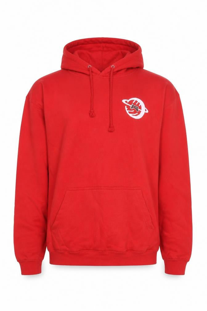 Front view of Seven Squared men’s red pullover hoodie large graphic print cotton