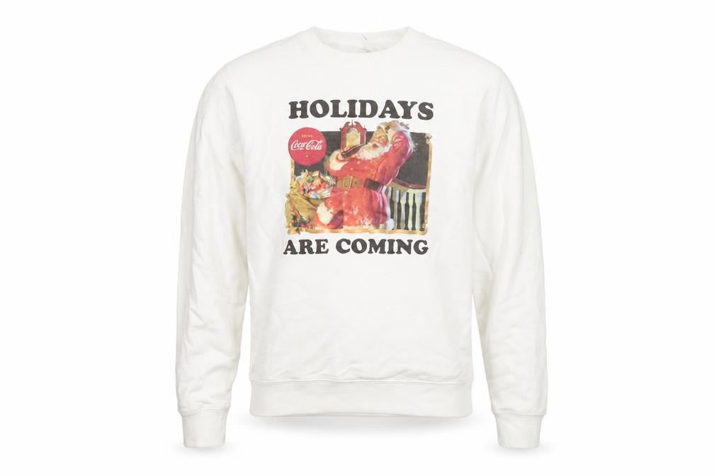 Front view of Coca-Cola Men's White Christmas Santa Crew Neck Sweatshirt M