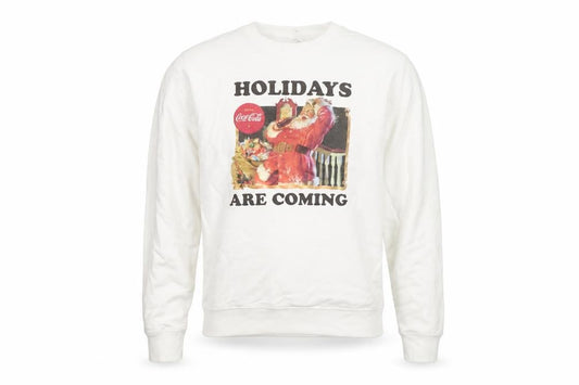 Front view of Coca-Cola Men's White Christmas Santa Crew Neck Sweatshirt M