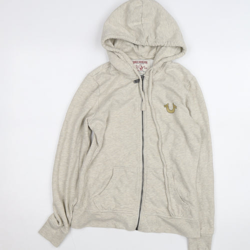 True Religion Mens Beige Full Zip Hoodie Size S Fleece Logo Sweatshirt
