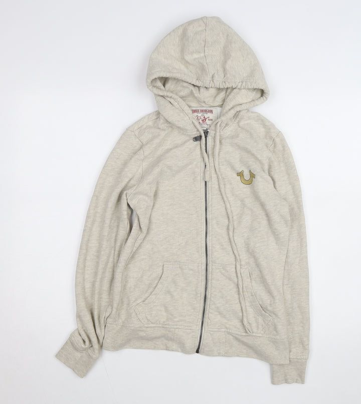 True Religion Mens Beige Full Zip Hoodie Size S Fleece Logo Sweatshirt