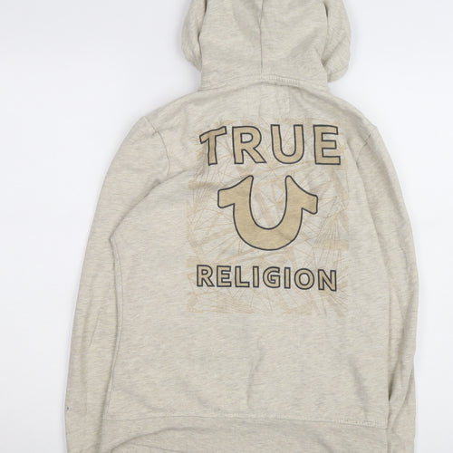 True Religion Mens Beige Full Zip Hoodie Size S Fleece Logo Sweatshirt