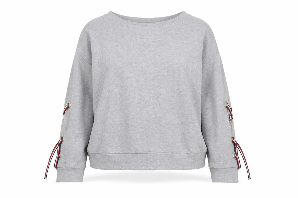 Front view of Tommy Hilfiger Women Grey, size M, Pullover Sweatshirt with Lace-Up Accents
