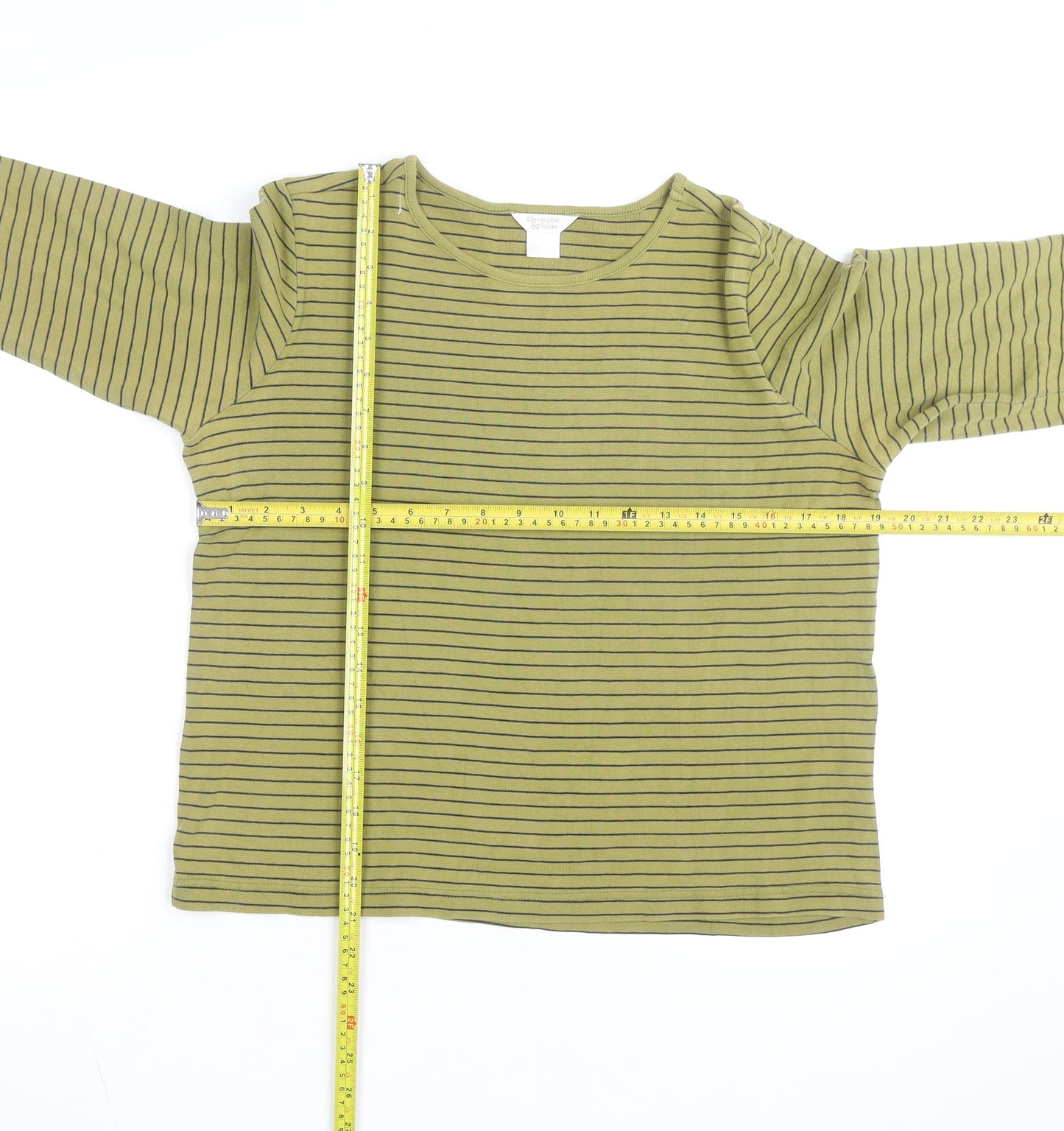 Christopher & Banks Men's Green Striped 3/4 Sleeve Cotton T-Shirt L