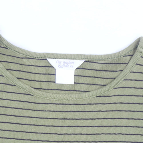 Christopher & Banks Men's Green Striped 3/4 Sleeve Cotton T-Shirt L