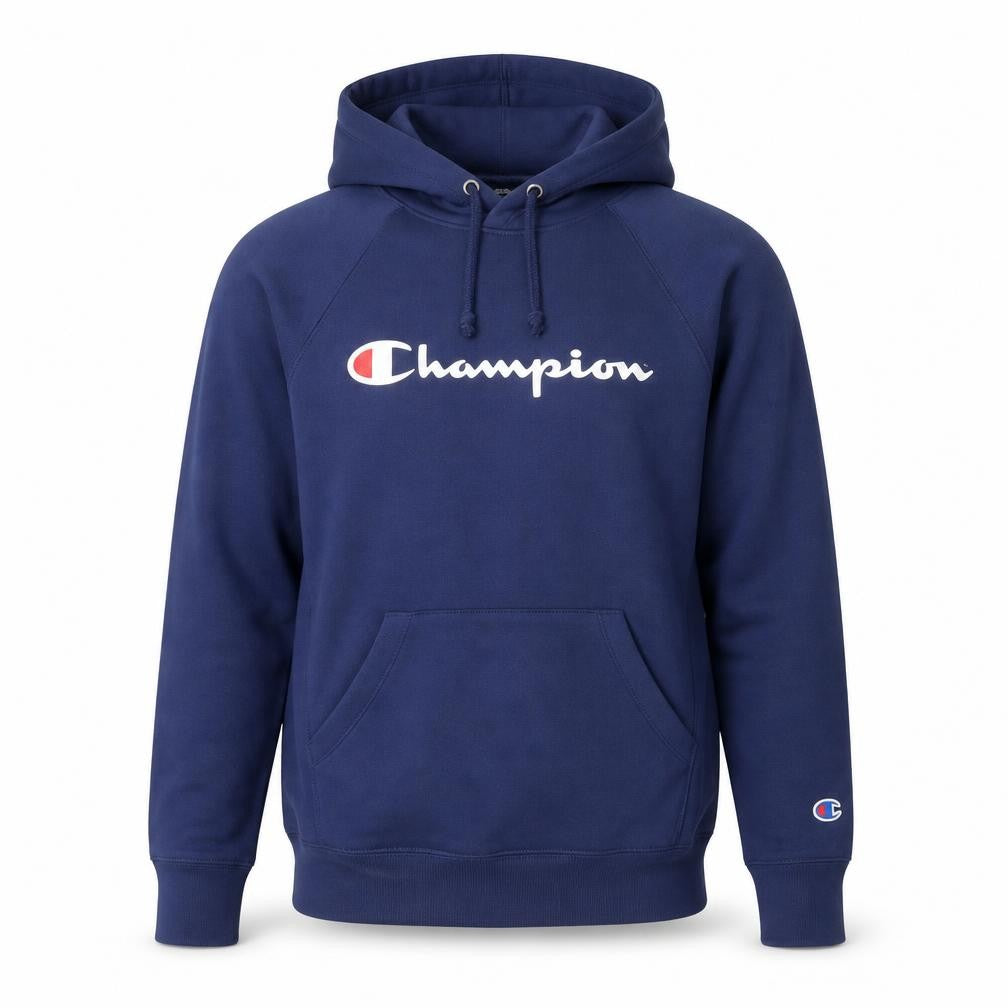 Front view of Champion Men's Blue Pullover Hoodie Small Logo Sportswear