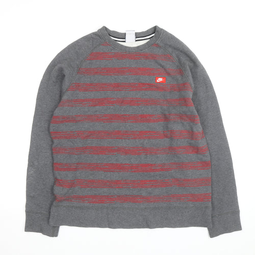 Nike Mens Grey Red Striped Crew Neck Pullover Sweatshirt L