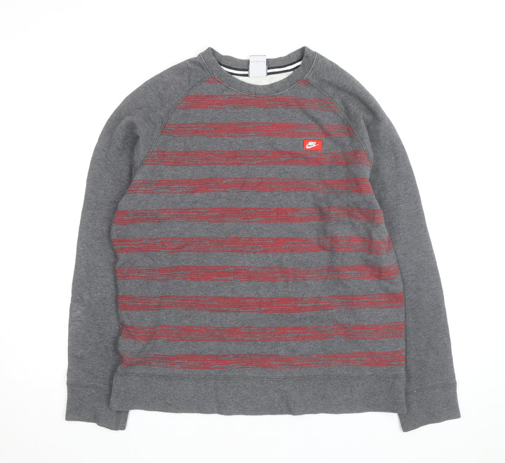 Nike Mens Grey Red Striped Crew Neck Pullover Sweatshirt L