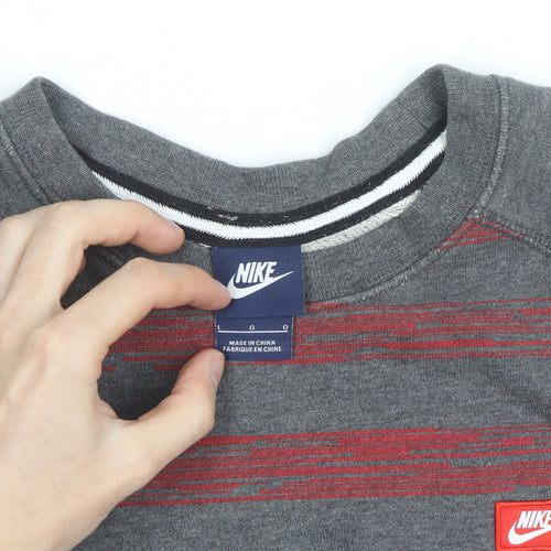 Nike Mens Grey Red Striped Crew Neck Pullover Sweatshirt L