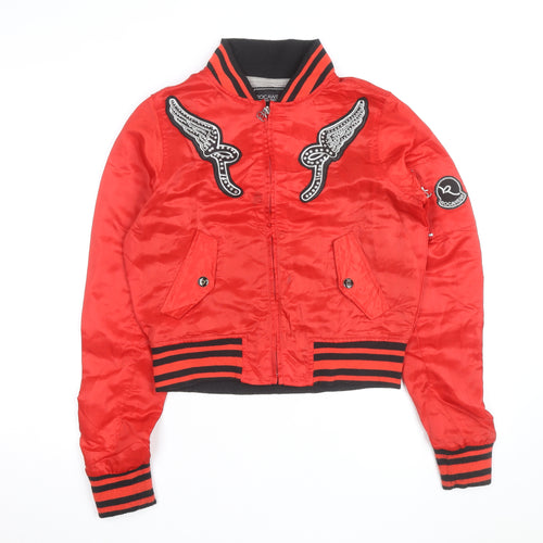 Rocawear Women's Red Bomber Jacket M Embroidered Studded Zip Satin
