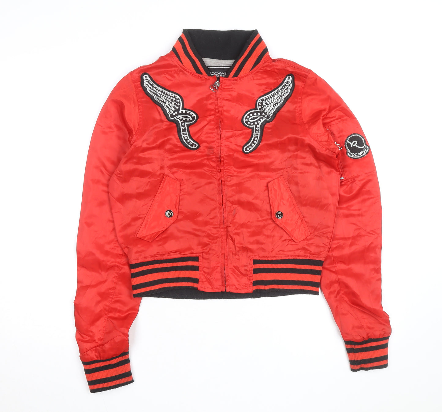 Rocawear Women's Red Bomber Jacket M Embroidered Studded Zip Satin