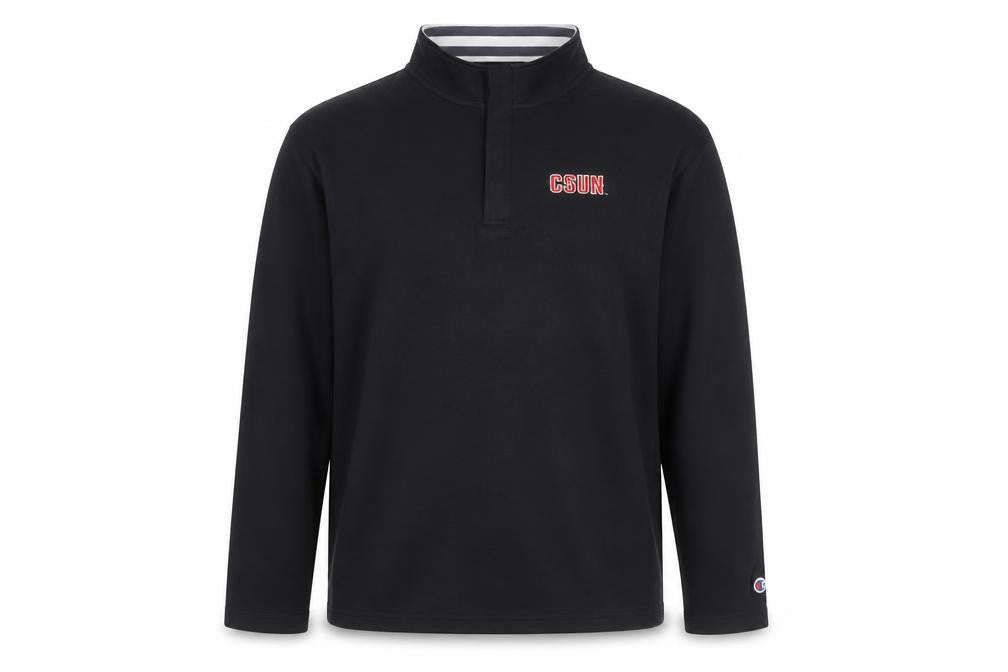Front view of Champion Men Black XL Henley Sweatshirt CSUN Logo Cotton Blend