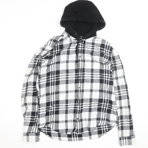 Next Mens Black Checked Flannel Hooded Shirt M Full Zip