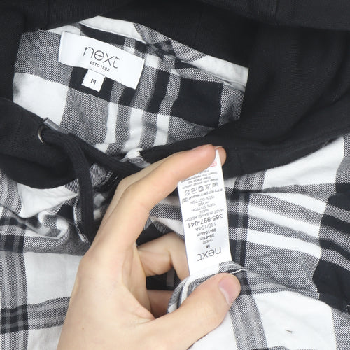 Next Mens Black Checked Flannel Hooded Shirt M Full Zip