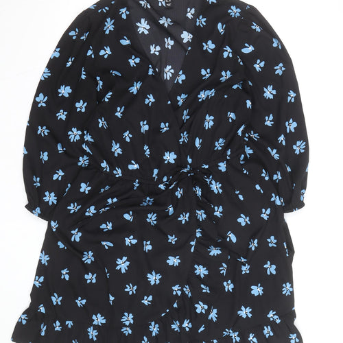 New Look Women Black Blue Floral Wrap Dress Size 16 V-Neck Long Sleeve