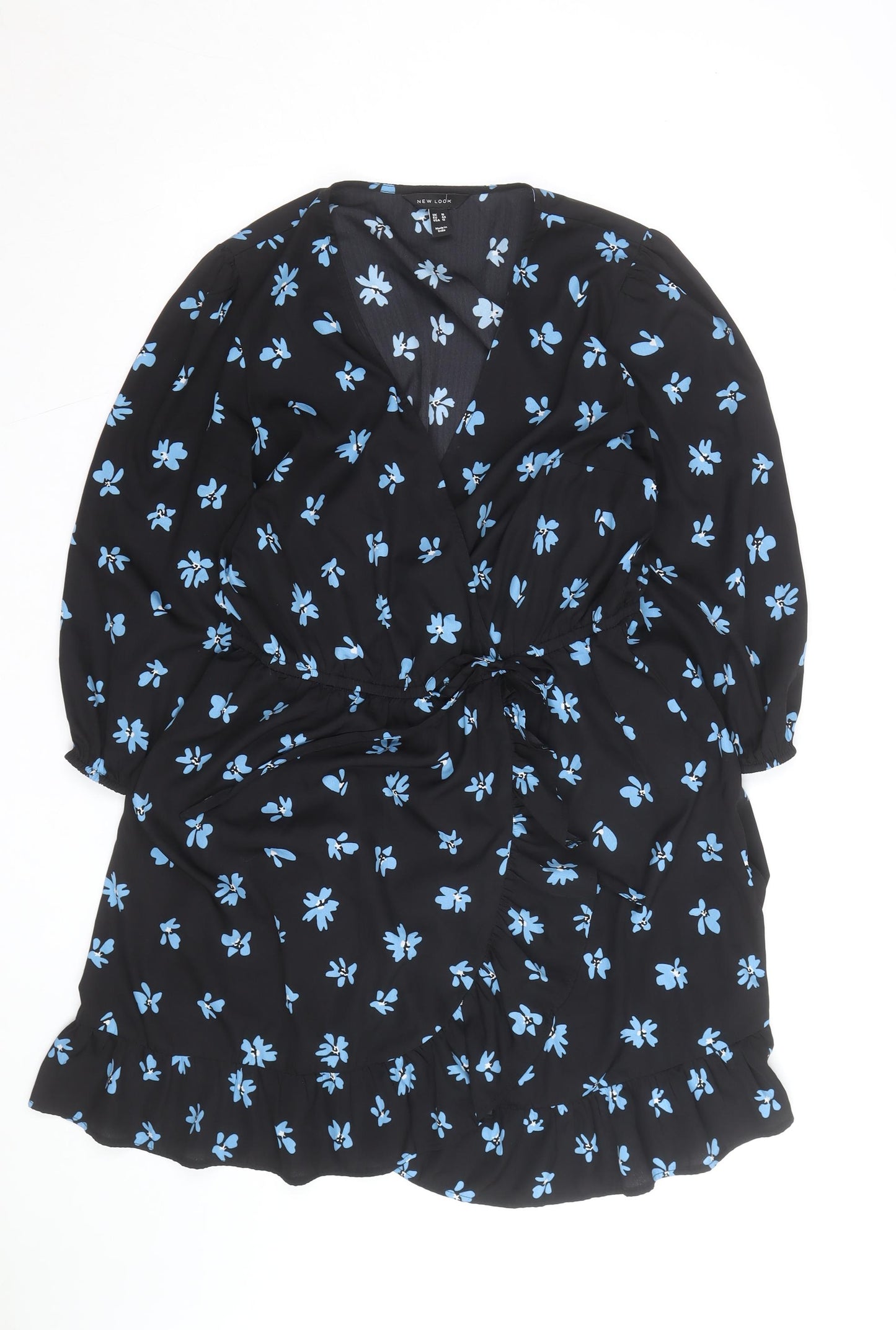 New Look Women Black Blue Floral Wrap Dress Size 16 V-Neck Long Sleeve