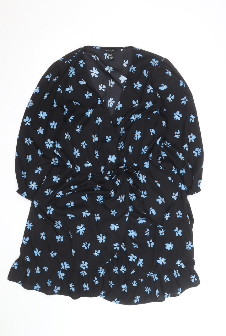 New Look Women Black Blue Floral Wrap Dress Size 16 V-Neck Long Sleeve