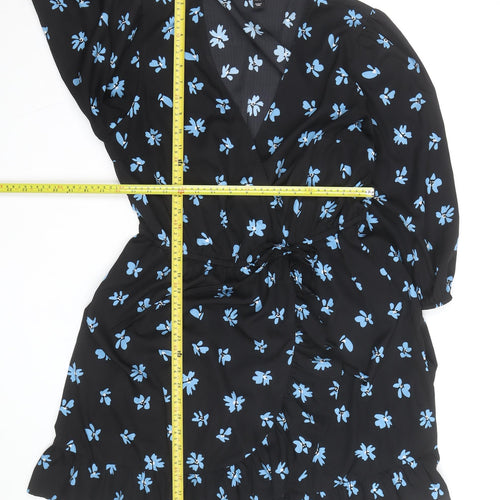 New Look Women Black Blue Floral Wrap Dress Size 16 V-Neck Long Sleeve