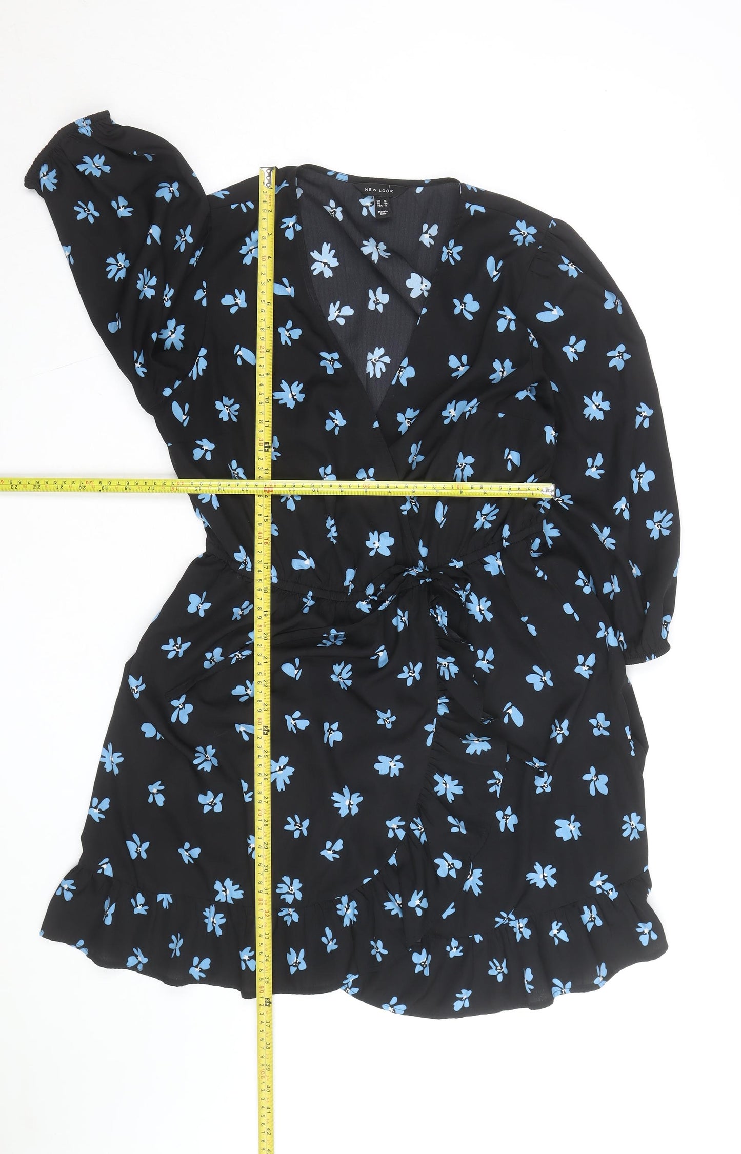 New Look Women Black Blue Floral Wrap Dress Size 16 V-Neck Long Sleeve