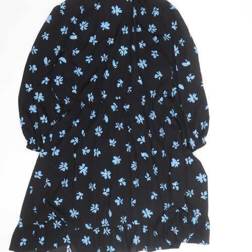 New Look Women Black Blue Floral Wrap Dress Size 16 V-Neck Long Sleeve