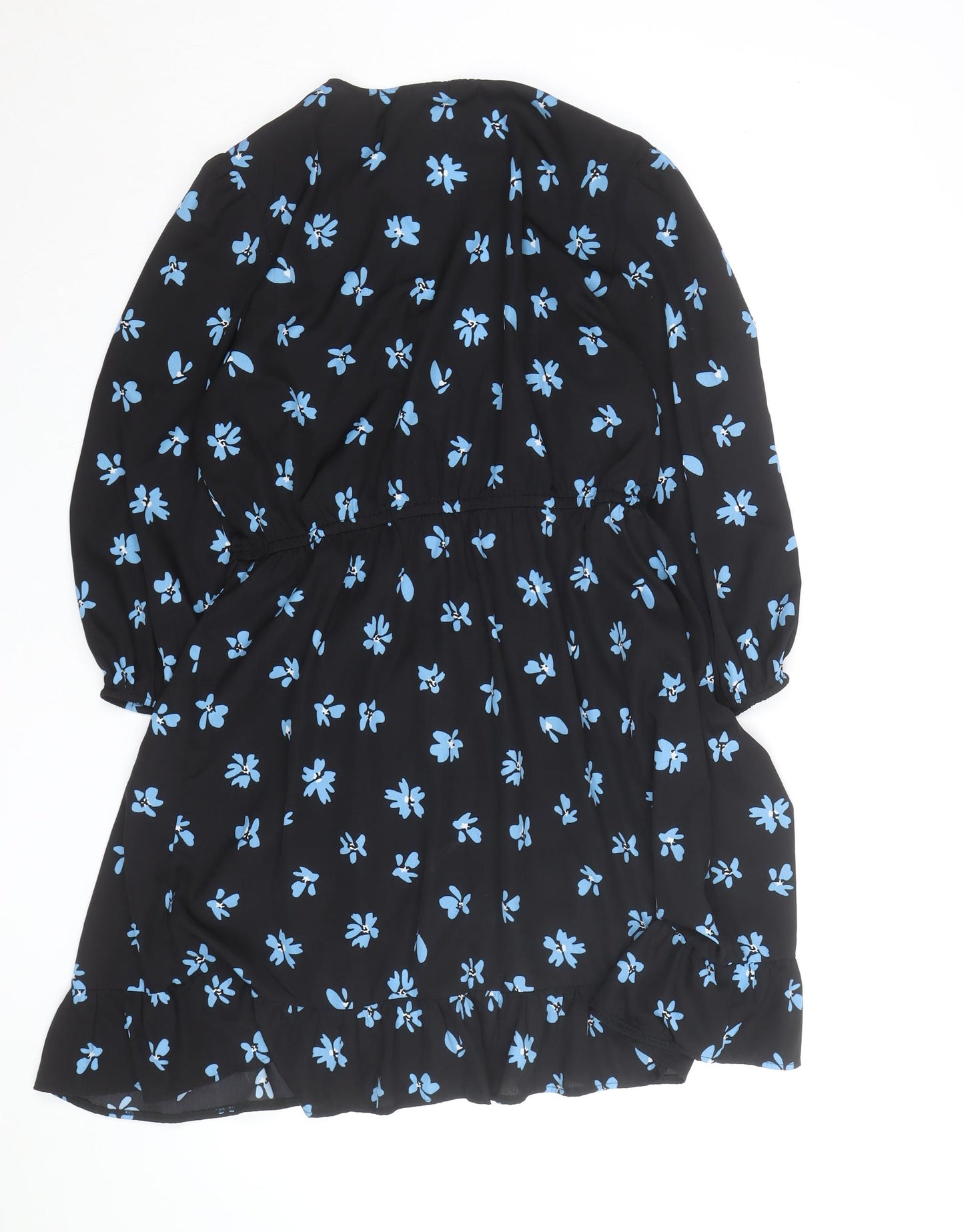 New Look Women Black Blue Floral Wrap Dress Size 16 V-Neck Long Sleeve