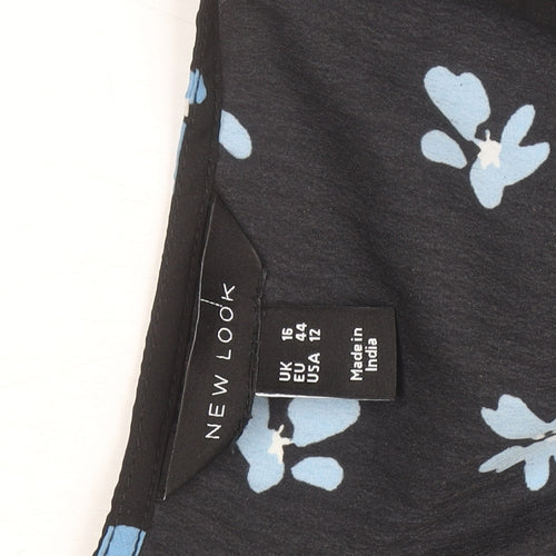 New Look Women Black Blue Floral Wrap Dress Size 16 V-Neck Long Sleeve