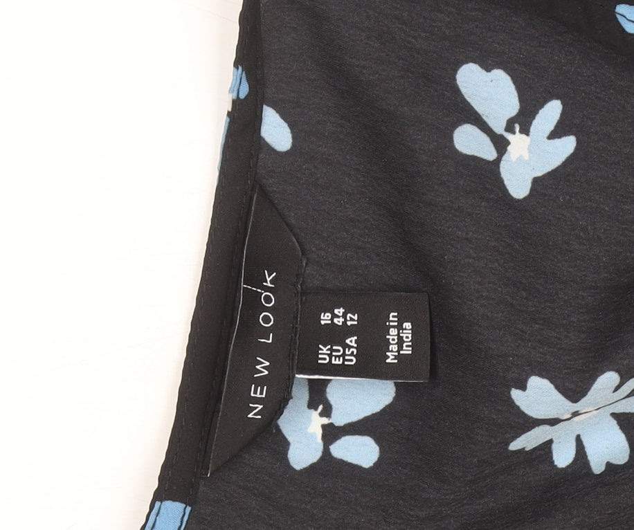 New Look Women Black Blue Floral Wrap Dress Size 16 V-Neck Long Sleeve
