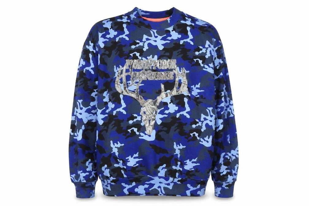 Front view of U.S. Vintage Men's Blue Camouflage Deer Graphic Pullover Sweatshirt L