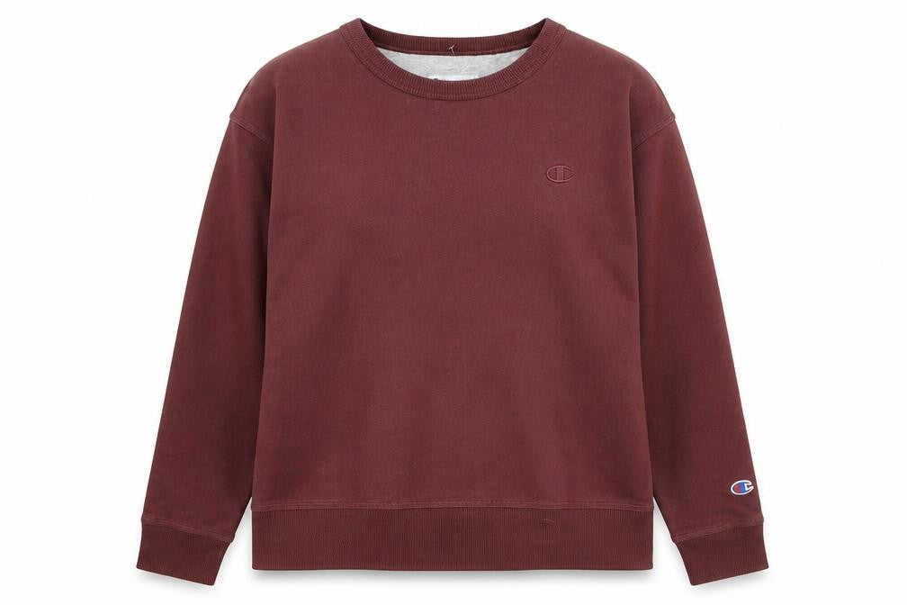 Front view of Champion women’s burgundy crew neck pullover sweatshirt, size L