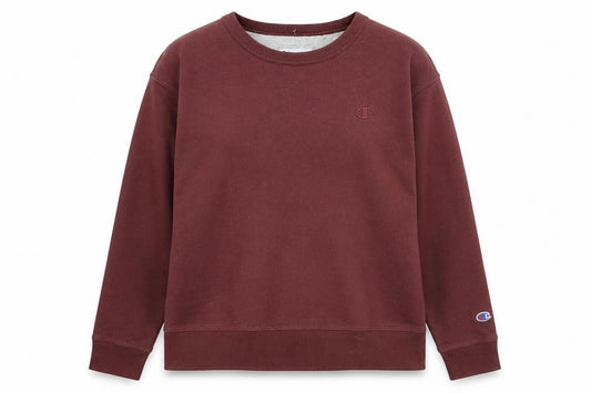Front view of Champion women’s burgundy crew neck pullover sweatshirt, size L