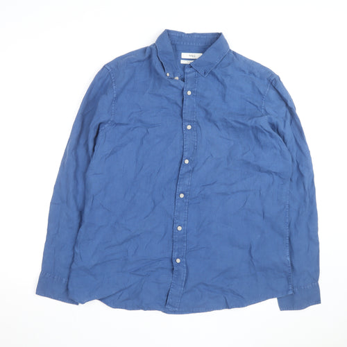 Marks and Spencer Men's Blue Linen Long Sleeve Button-Up Shirt XL