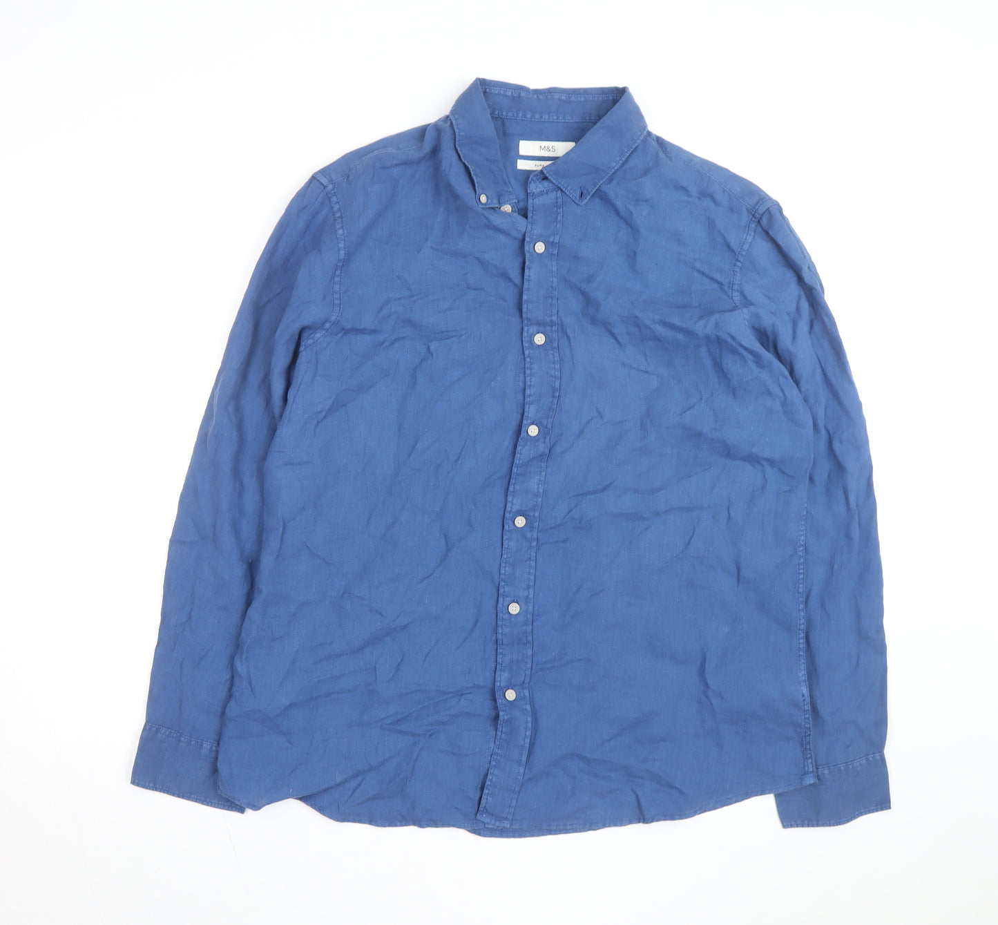 Marks and Spencer Men's Blue Linen Long Sleeve Button-Up Shirt XL