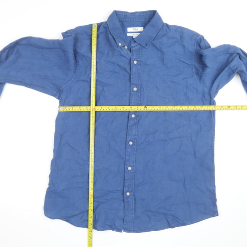 Marks and Spencer Men's Blue Linen Long Sleeve Button-Up Shirt XL
