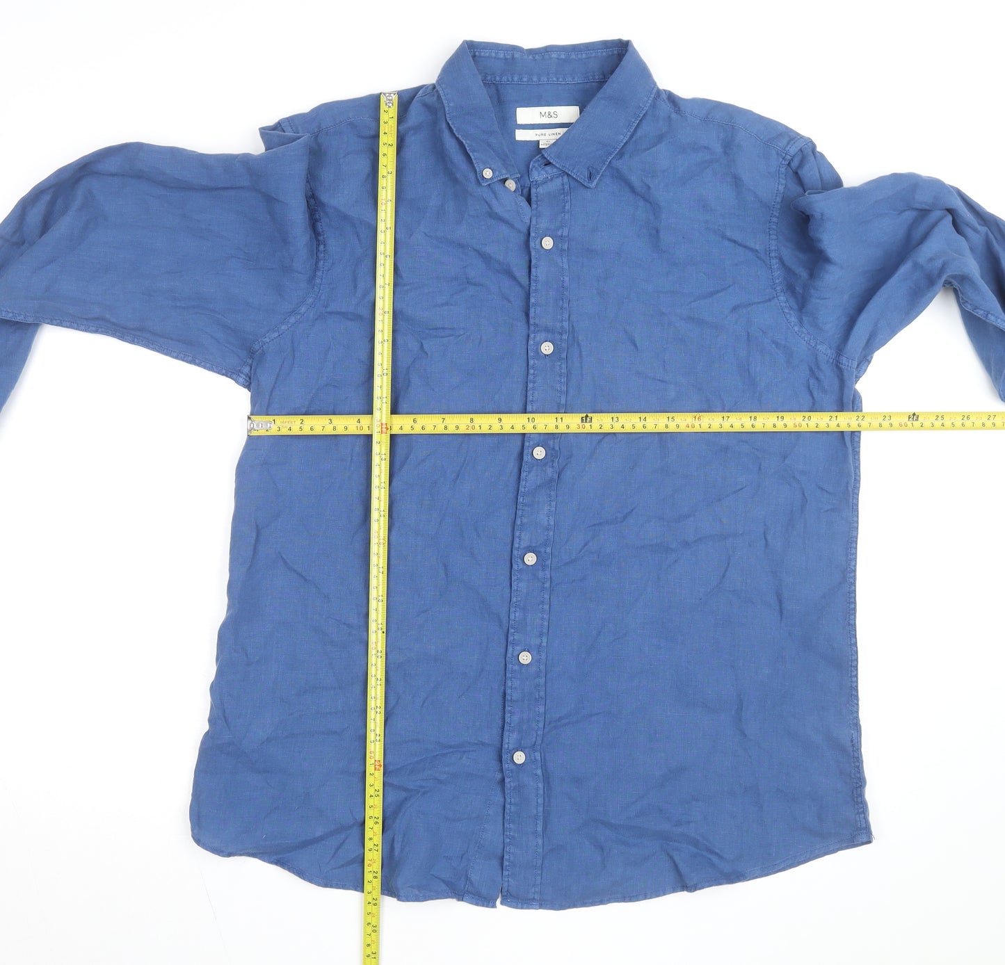 Marks and Spencer Men's Blue Linen Long Sleeve Button-Up Shirt XL