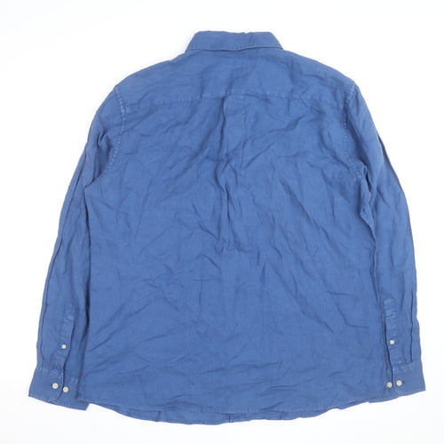 Marks and Spencer Men's Blue Linen Long Sleeve Button-Up Shirt XL
