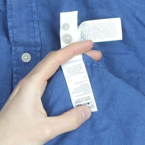 Marks and Spencer Men's Blue Linen Long Sleeve Button-Up Shirt XL