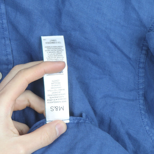 Marks and Spencer Men's Blue Linen Long Sleeve Button-Up Shirt XL