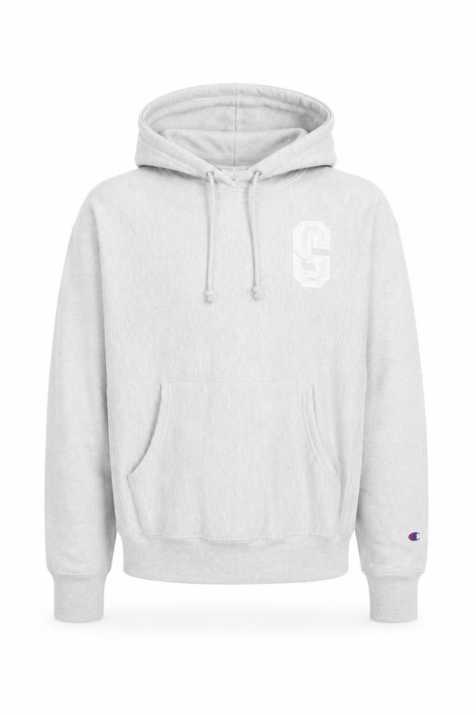 Front view of Champion men’s grey pullover hoodie l reverse weave embroidered logo